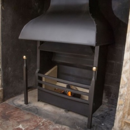 Regency steel canopy convecting open fire high performance with slender bras ball top dog irons