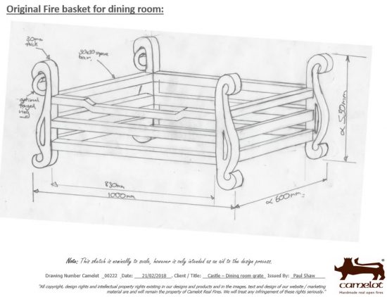 Sketch design of curved three bar fire basket