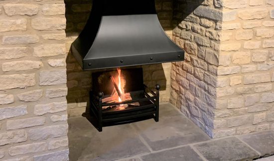 Inglenook steel canopy and three bar fire basket