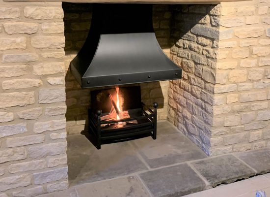 Inglenook steel canopy and three bar fire basket