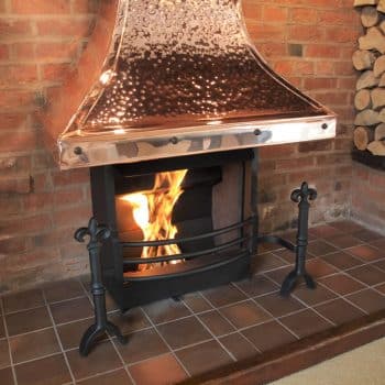 Thermovent open fire with large copper canopy