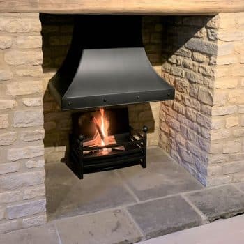 Small inglenook steel canopy and three bar bow front fire grate.